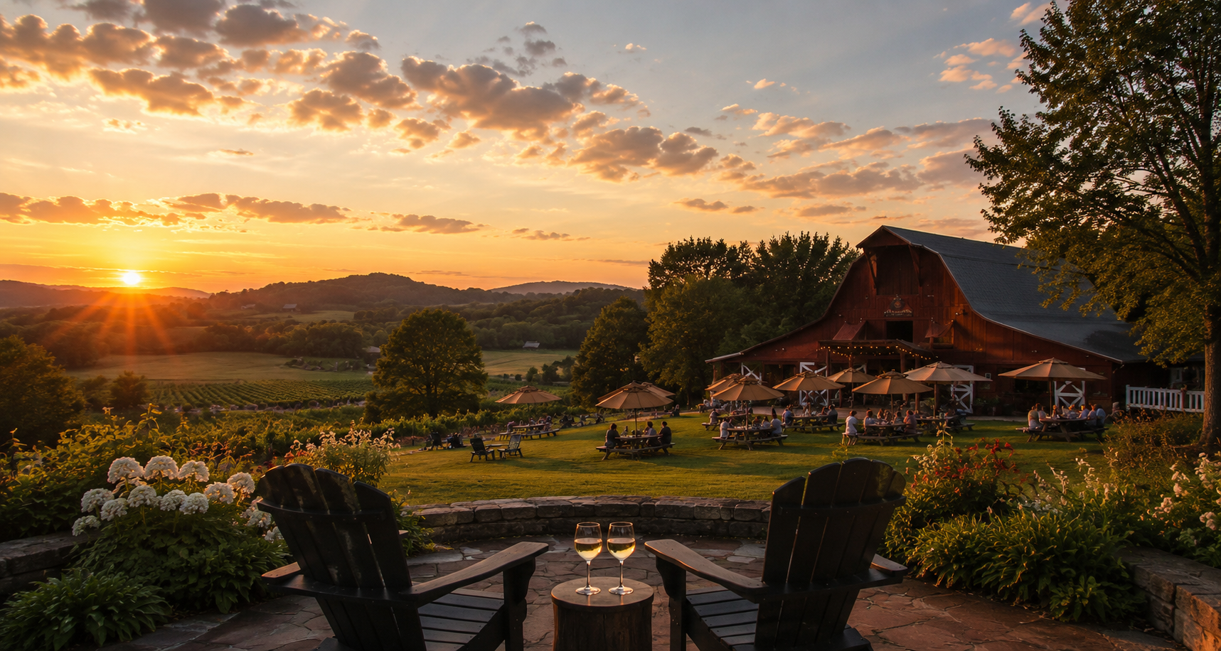 Sunset view of a Tennessee vineyard estate with a red barn, rolling hills, and wine glasses on the terrace