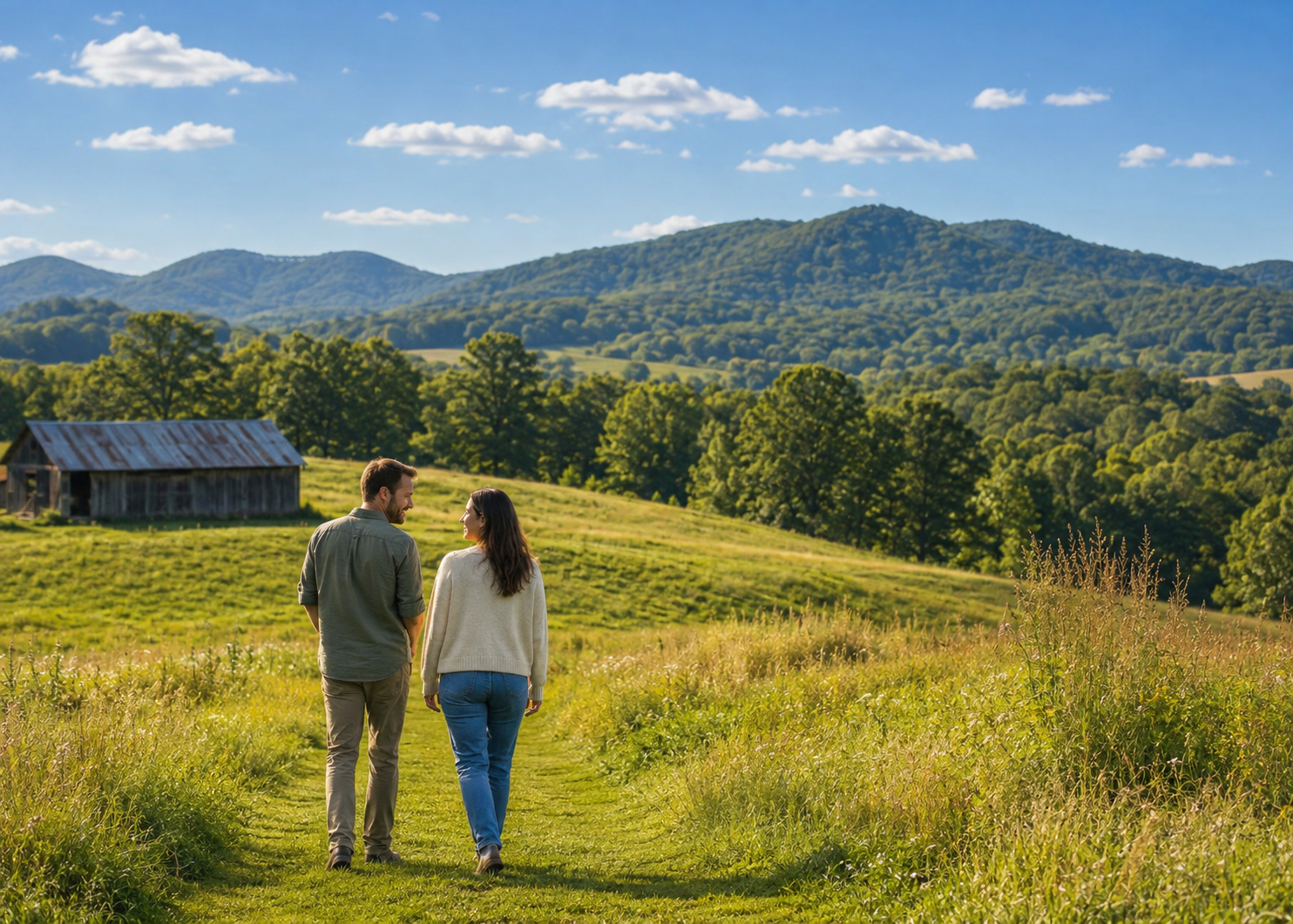 A couple walking and talking together through the Tennessee countryside in morning light