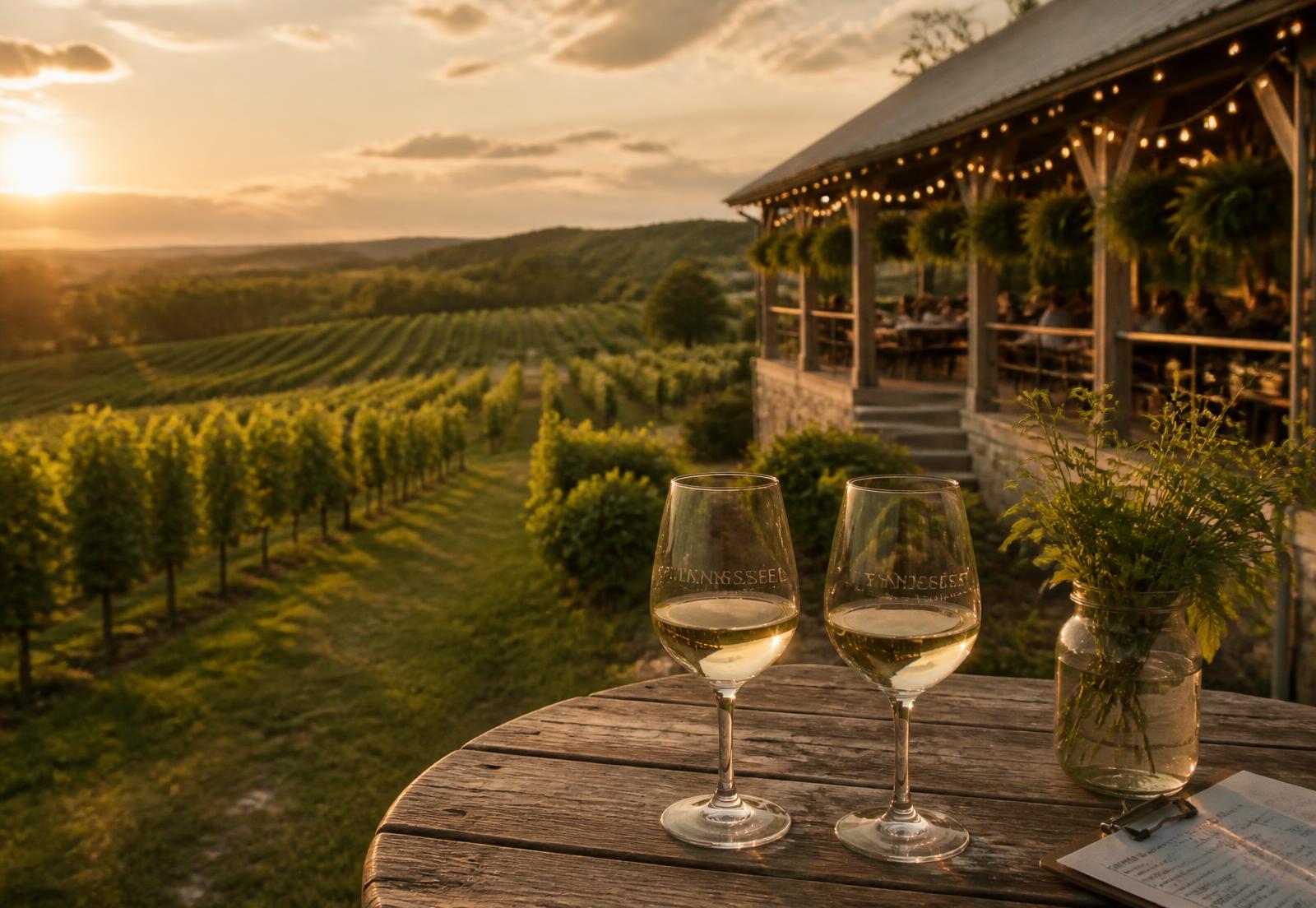 Rows of vines and a tasting pavilion at Arrington Vineyards at sunset